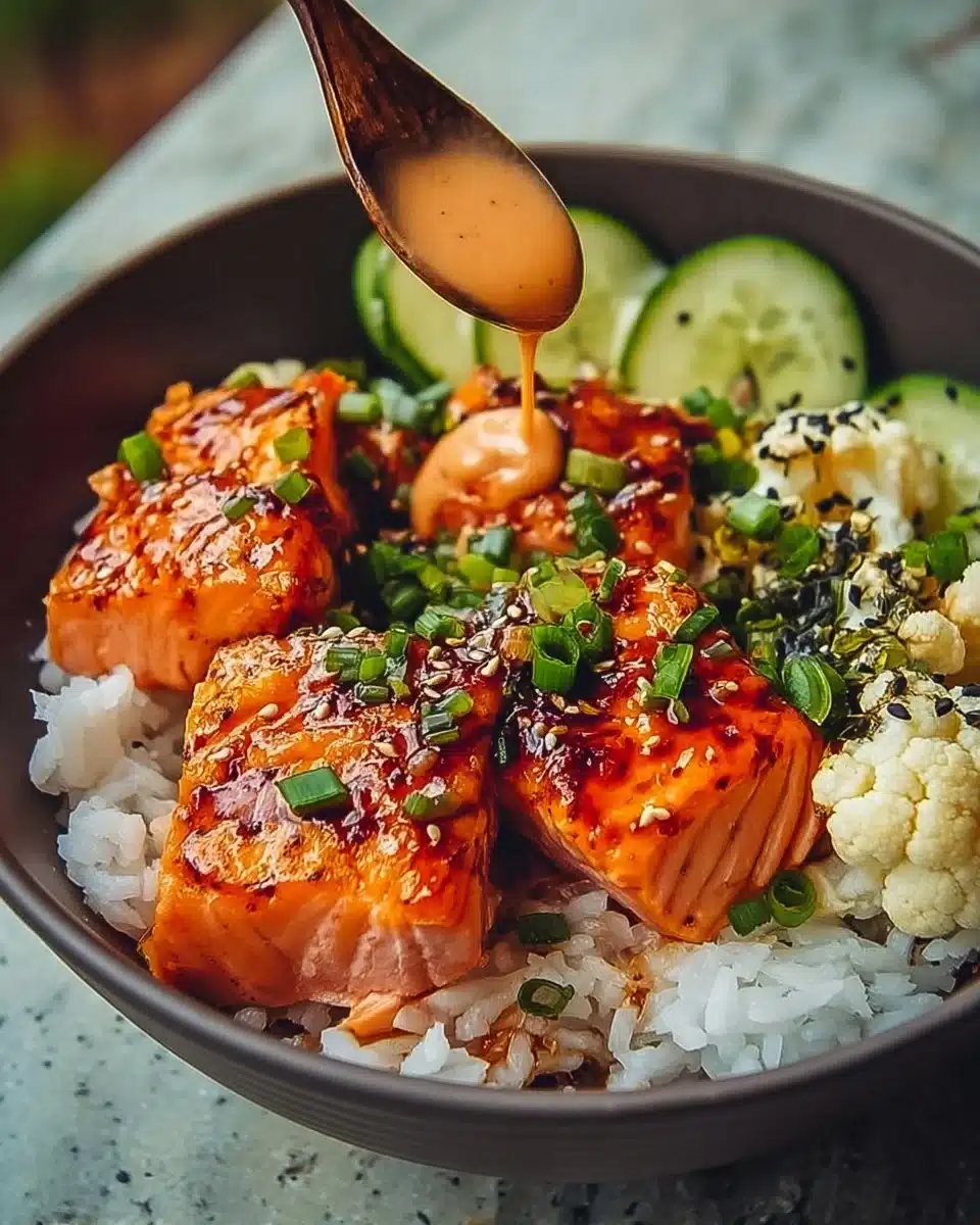Sriracha Honey Salmon Bowls featuring marinated salmon with rice and vegetables