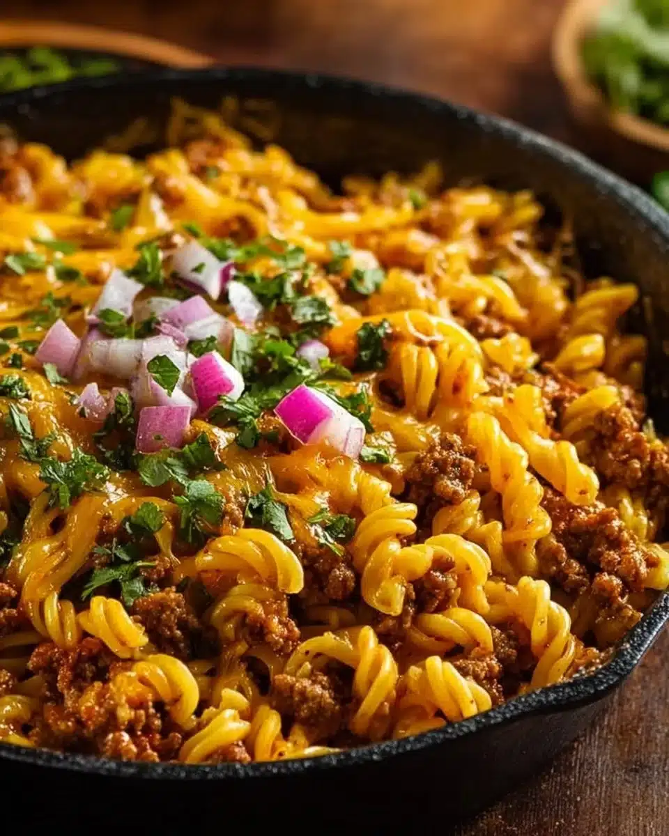 Delicious Taco Mac & Cheese topped with spices and cheese in a serving bowl.