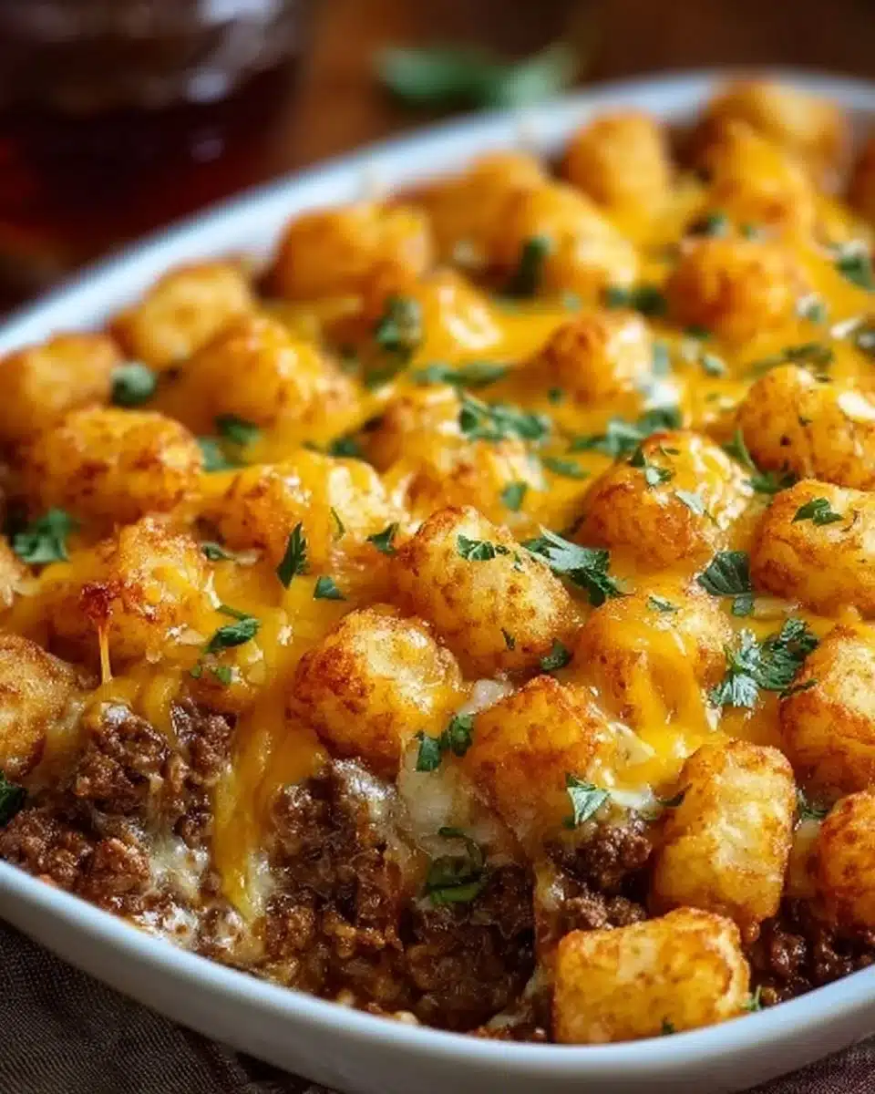 Delicious homemade Tater Tot Casserole served hot in a baking dish