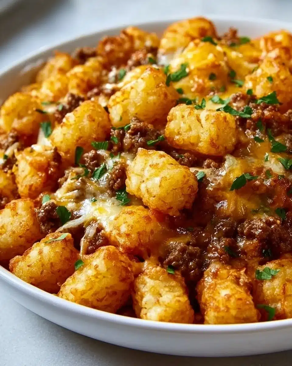 Deliciously baked Tater Tot Casserole with melted cheese and savory toppings.