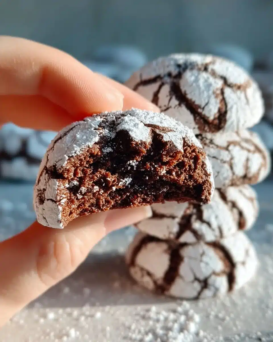 Delicious homemade Chocolate Crinkle Cookies dusted with powdered sugar.