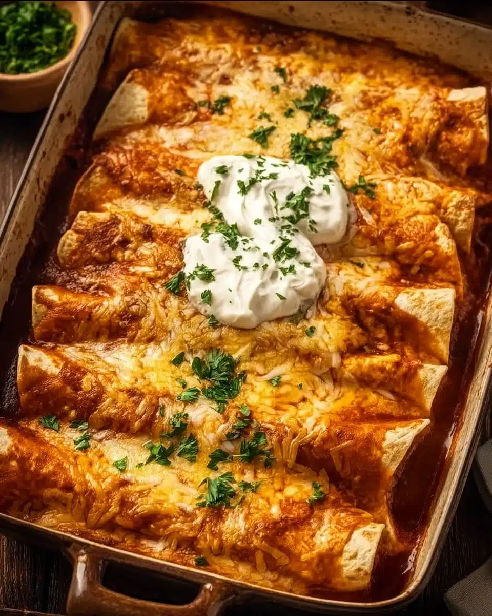Delicious quick and easy chicken enchiladas topped with cheese and sauce