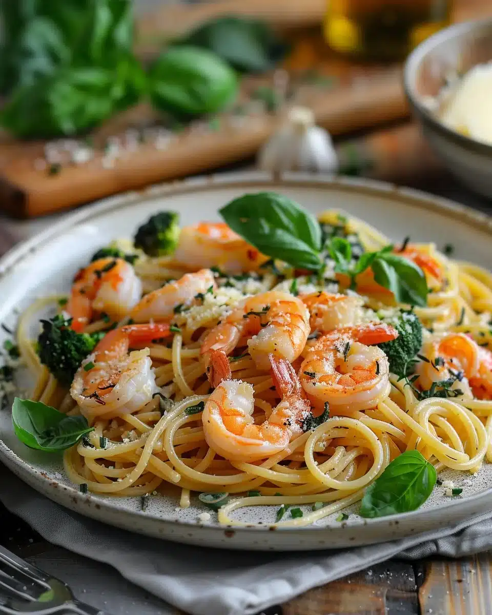 Delicious shrimp pasta dish prepared in 30 minutes, garnished with herbs.