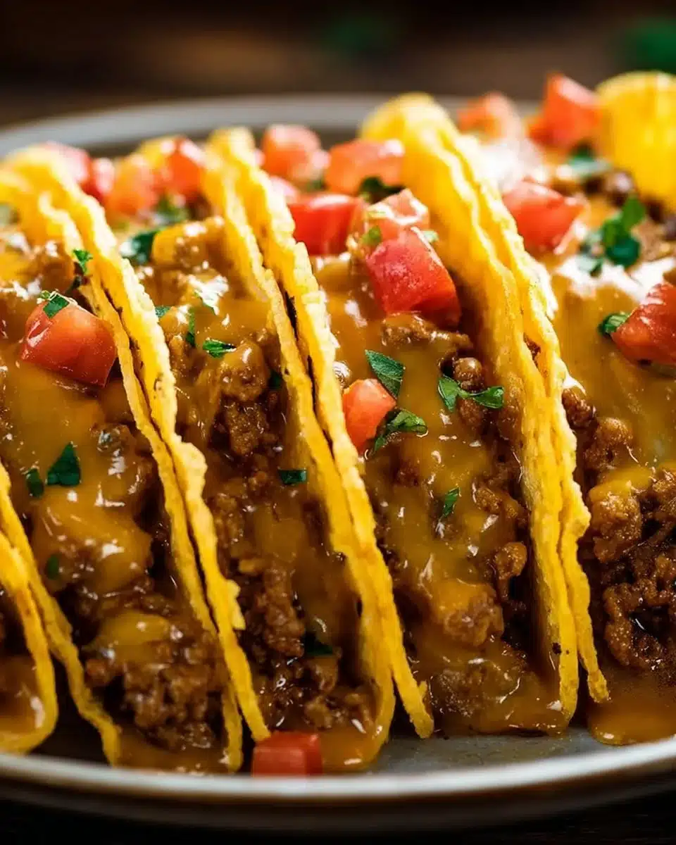 Deliciously baked tacos filled with meat and toppings, ready to enjoy.