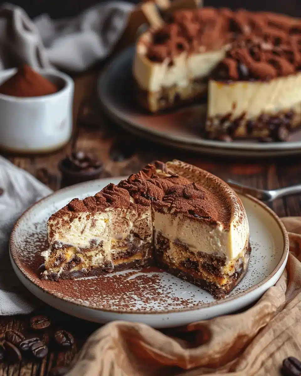 Delicious Baked Tiramisu Cheesecake with coffee and mascarpone layers.