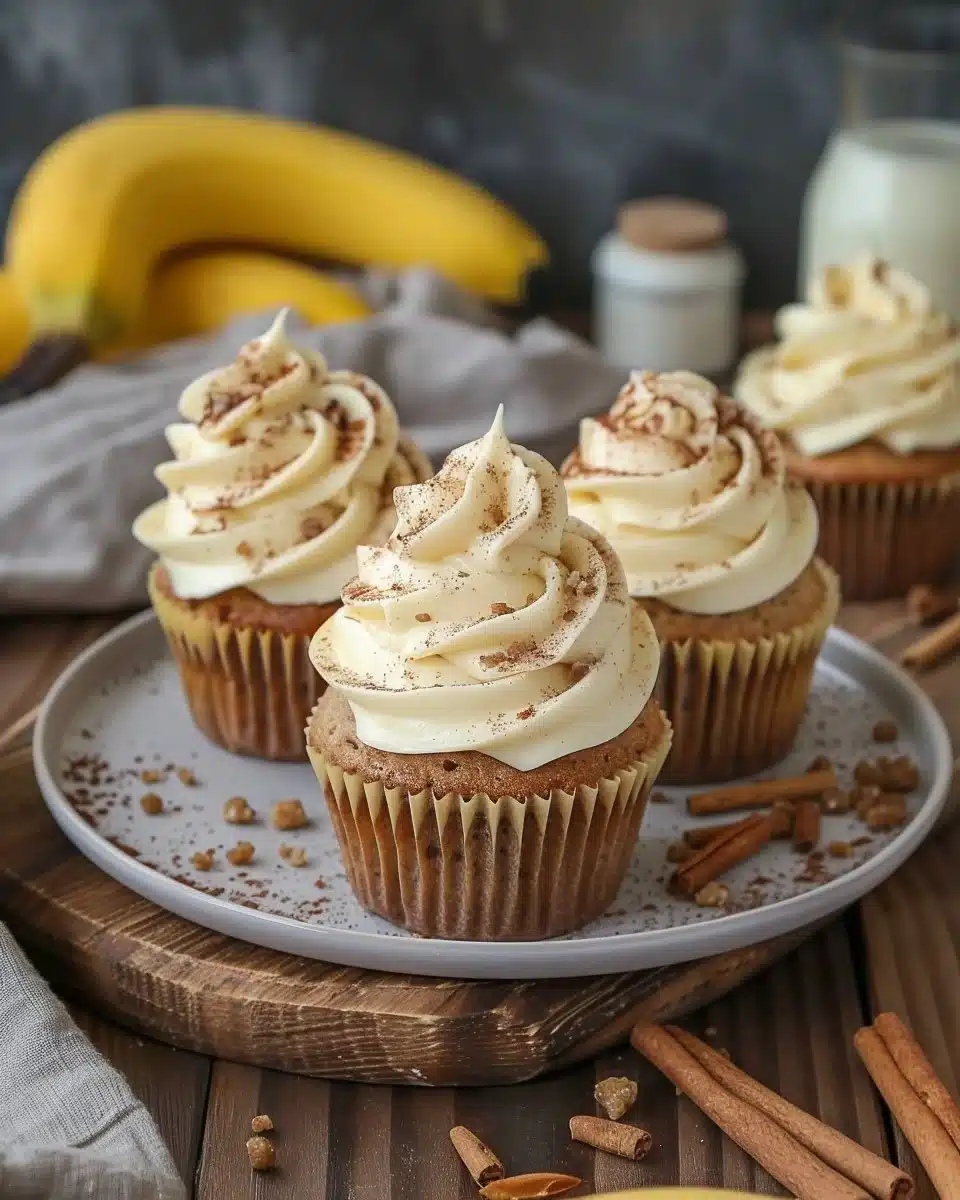 Banana cupcakes topped with cinnamon cream cheese frosting on a white plate