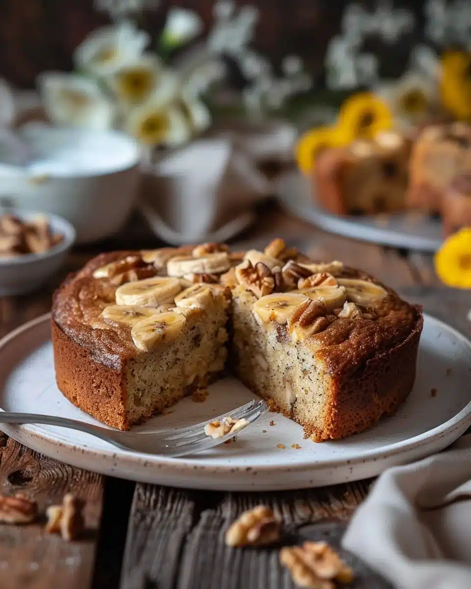 Delicious homemade Banana Walnut Cake with a sprinkle of walnuts on top.