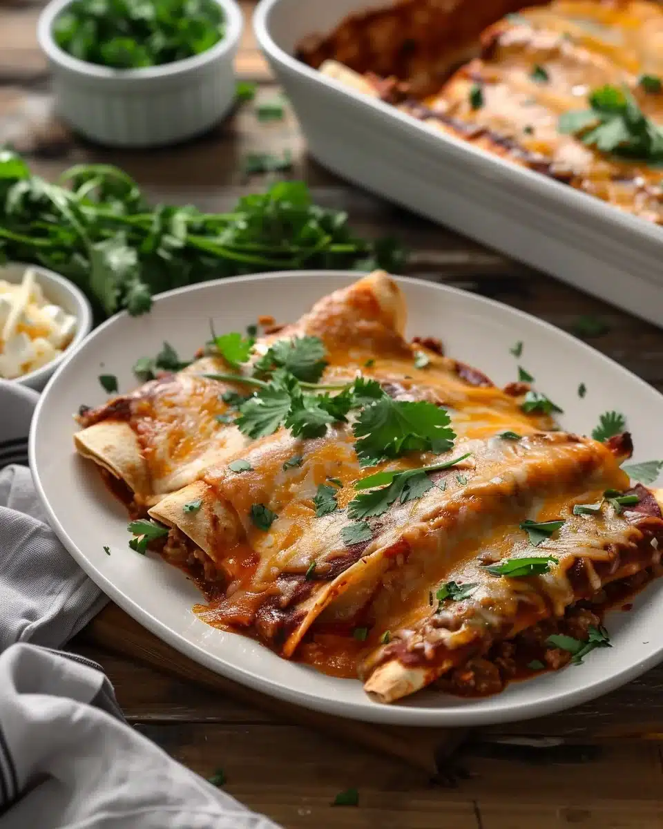 Delicious beef steak enchiladas topped with cheese and spices on a plate