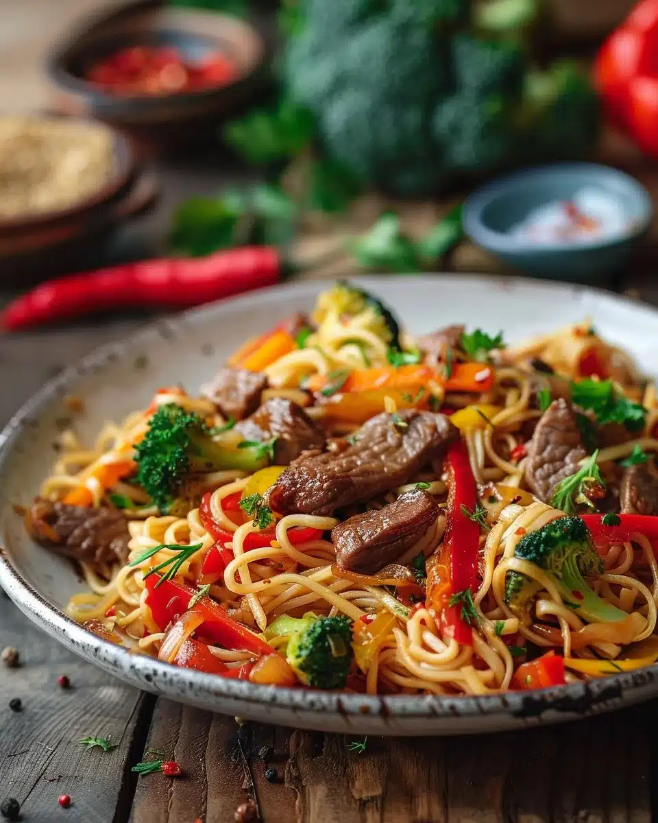 Delicious beef stir fry with noodles and colorful vegetables in a bowl.