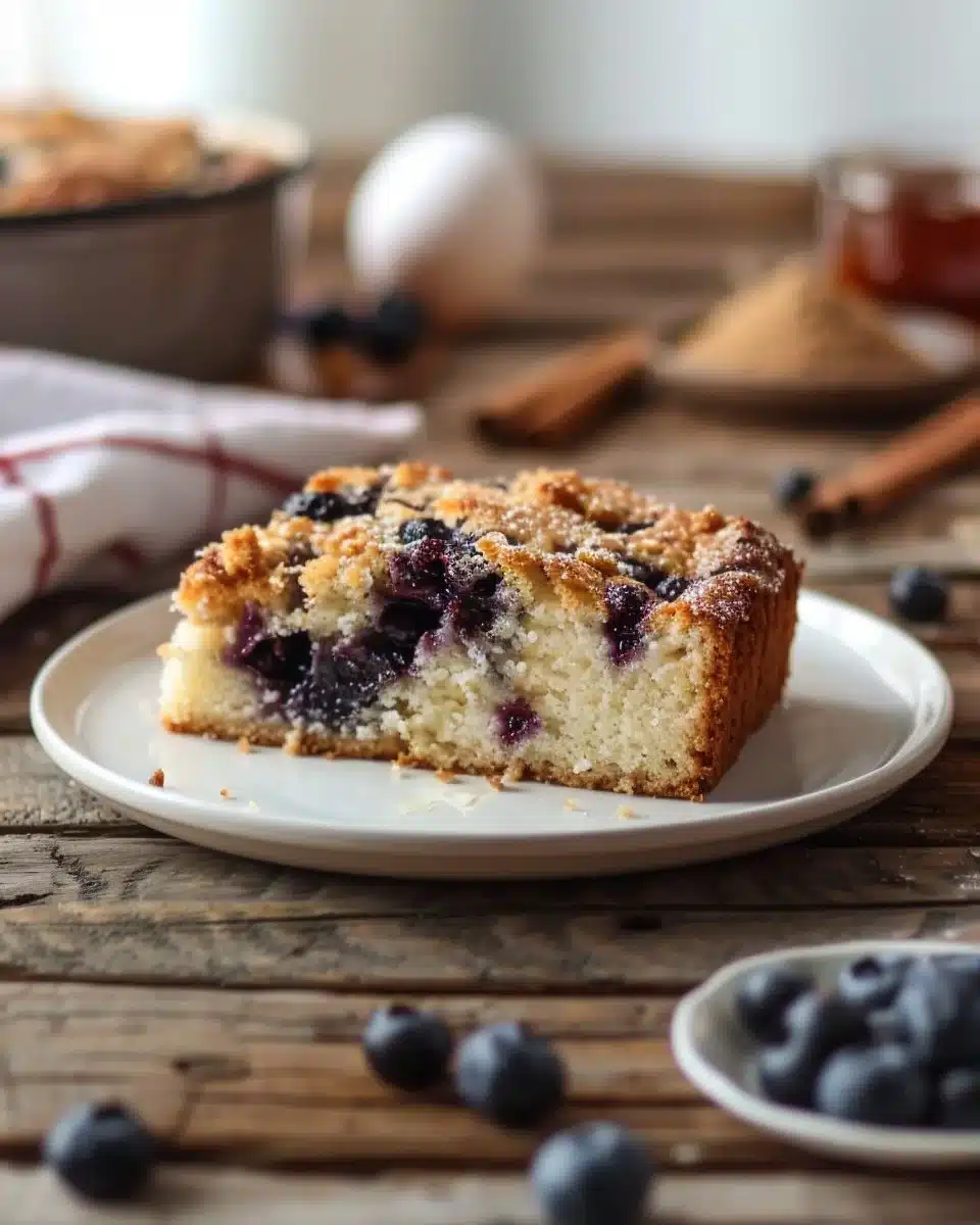 Delicious slice of blueberry coffee cake topped with fresh blueberries and icing