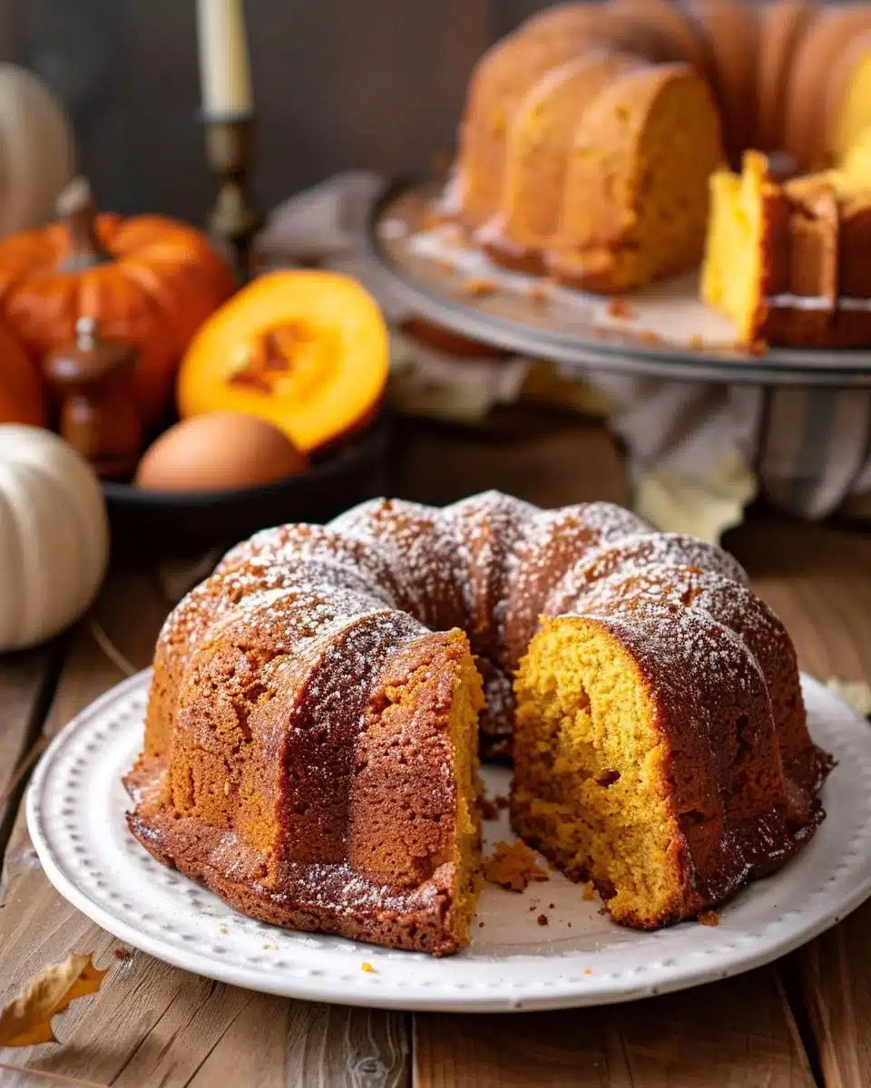 Buttermilk pumpkin pound cake served on a white plate garnished with pumpkin seeds