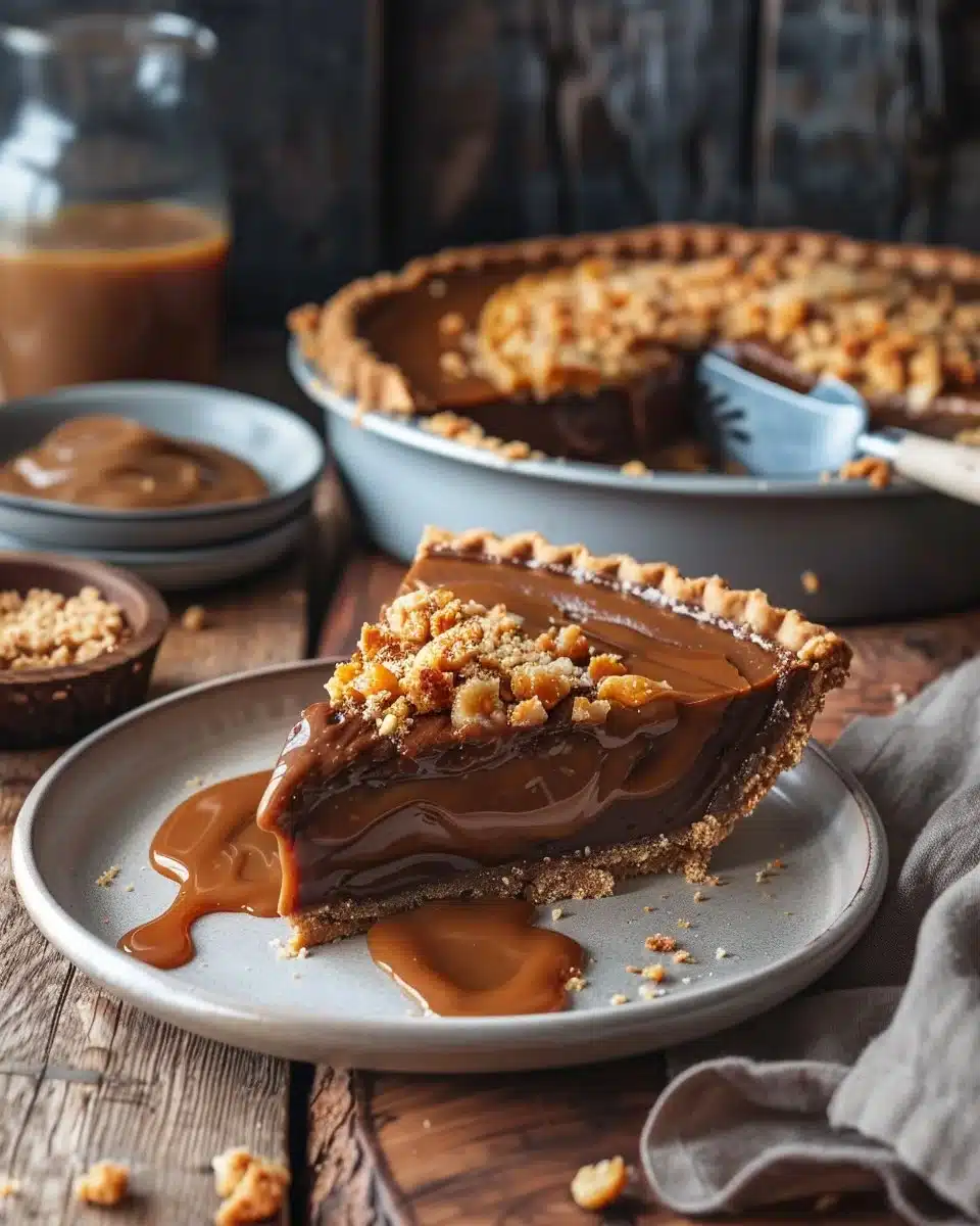 Delicious homemade Caramel Pie topped with whipped cream and chocolate drizzle.