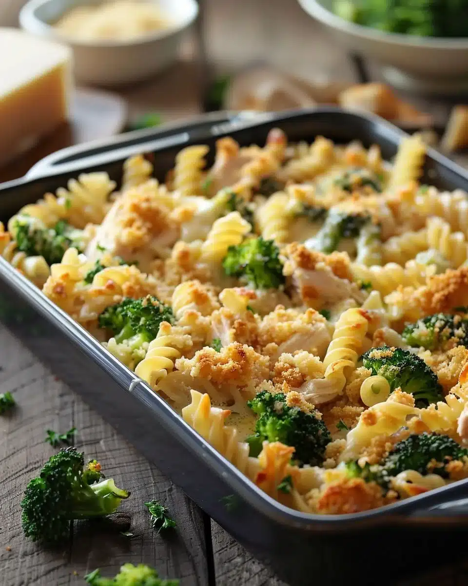 Delicious chicken and broccoli pasta bake topped with cheese