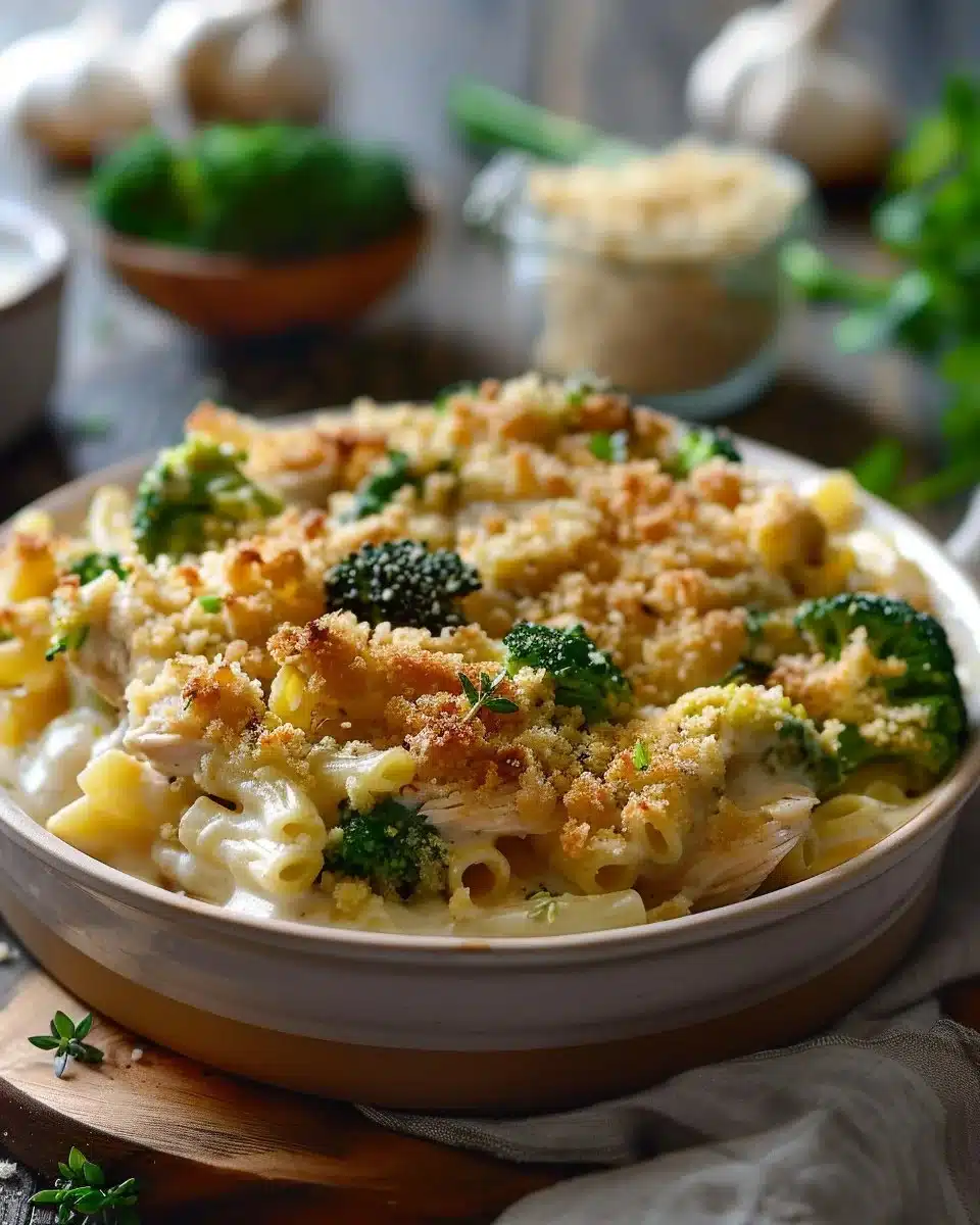 Delicious Chicken Broccoli Pasta Bake with cheese and broccoli