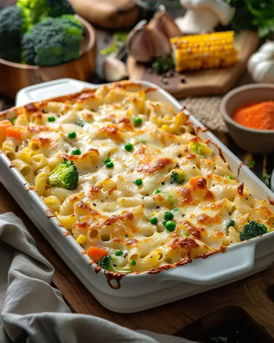 Delicious Chicken Pasta Bake served in a baking dish, topped with cheese.