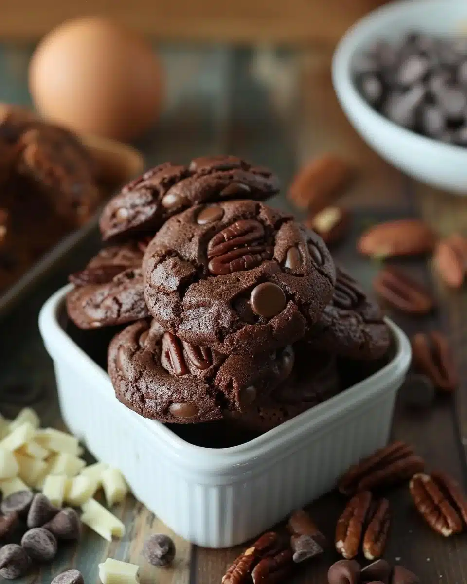 Jar of homemade Chocolate Pecan Cookies ready for gifting or baking fun.