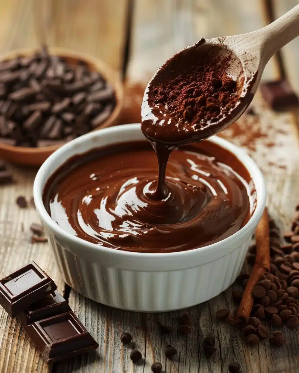 Delicious homemade chocolate pudding in a glass bowl served with whipped cream