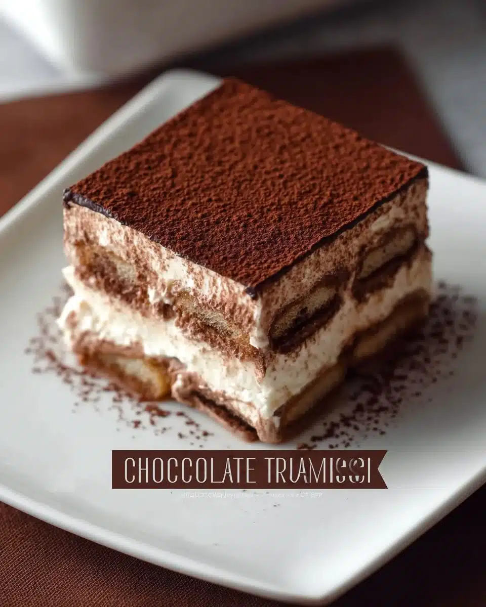 Delicious Chocolate Tiramisu dessert with cocoa and coffee layers.