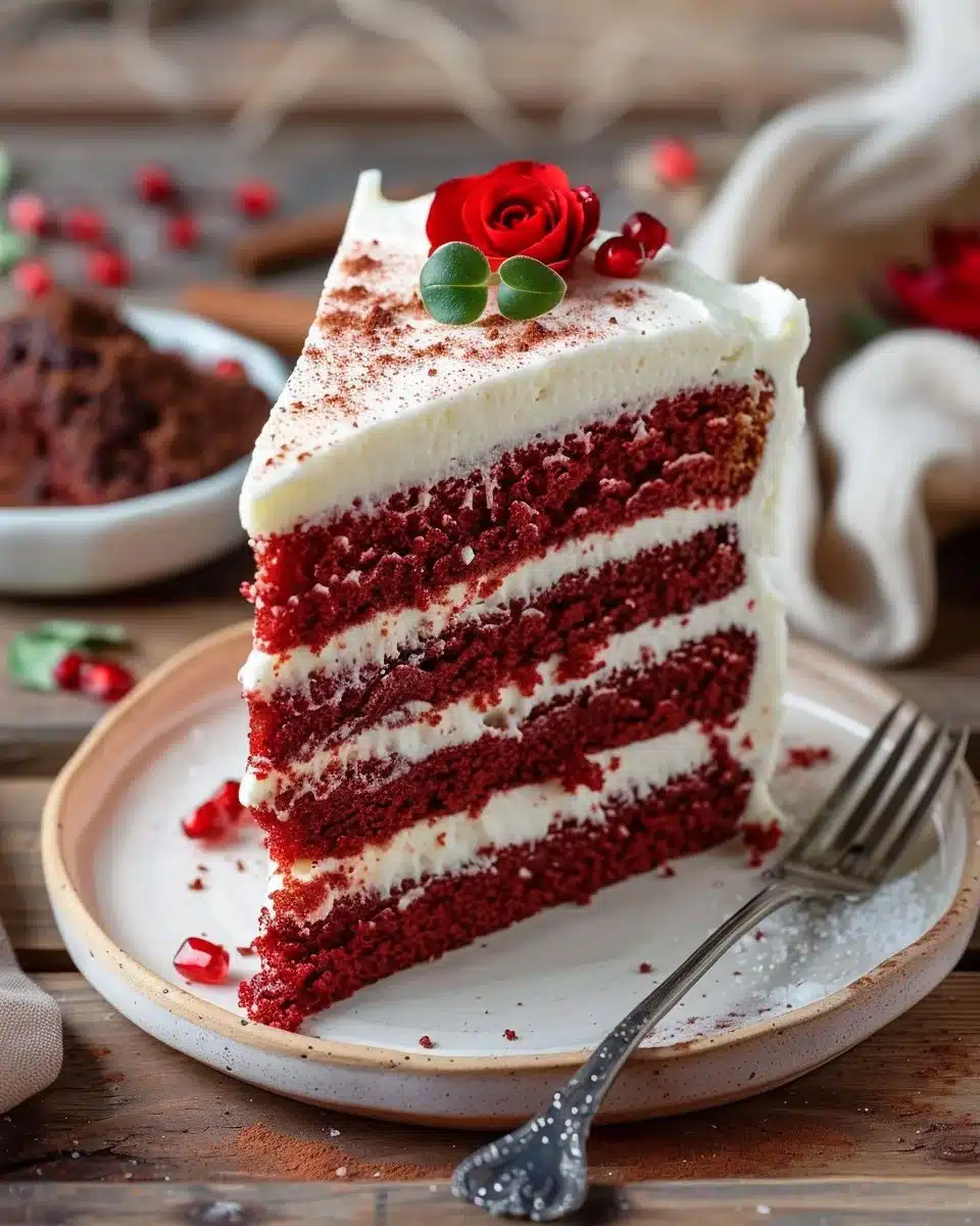 Classic red velvet cake with cream cheese frosting and decorative sprinkles