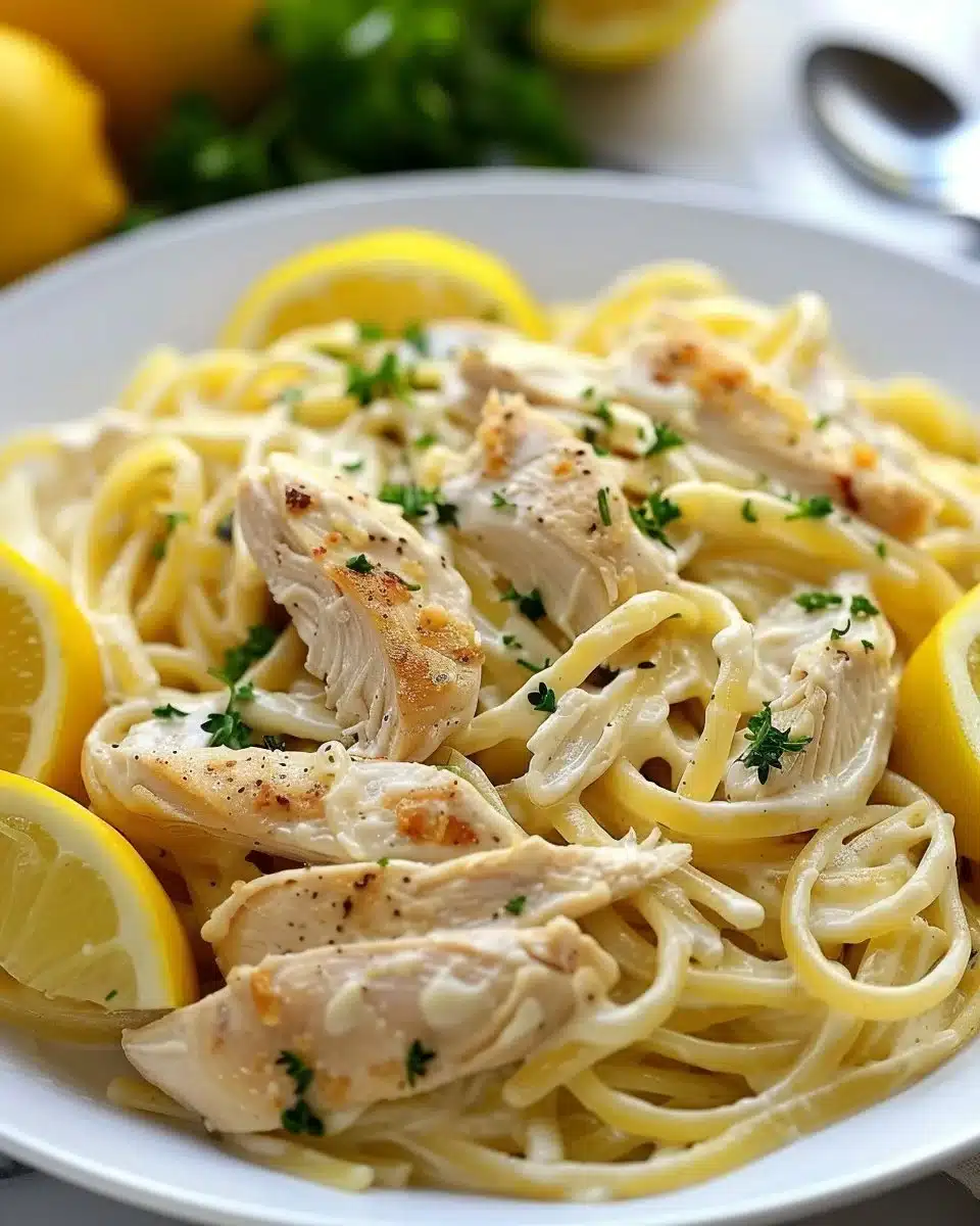 Cream Cheese Lemon Chicken Pasta served in a white bowl with herbs