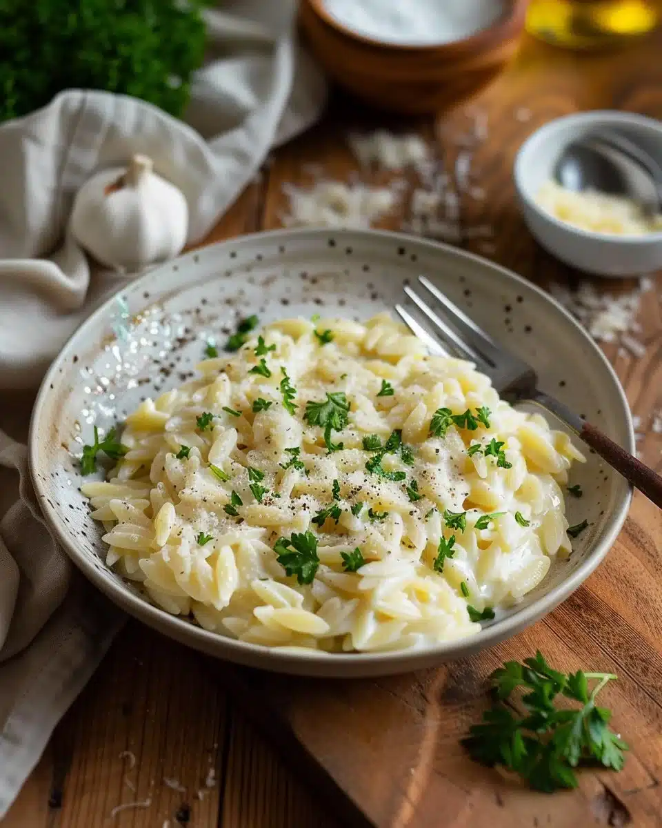 Creamy orzo side dish served in a bowl with fresh herbs