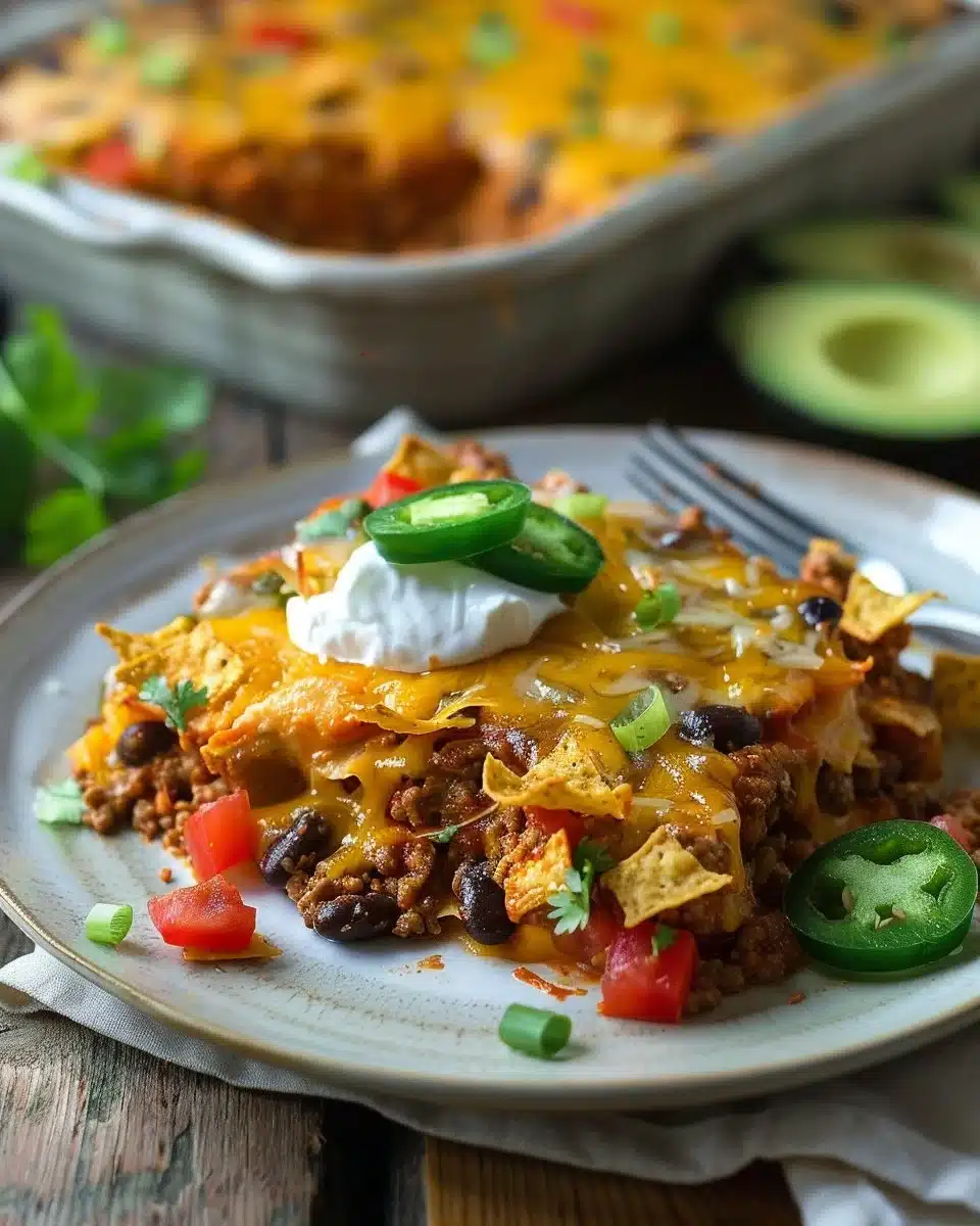 Delicious Dorito Casserole topped with cheese and Doritos in a baking dish.