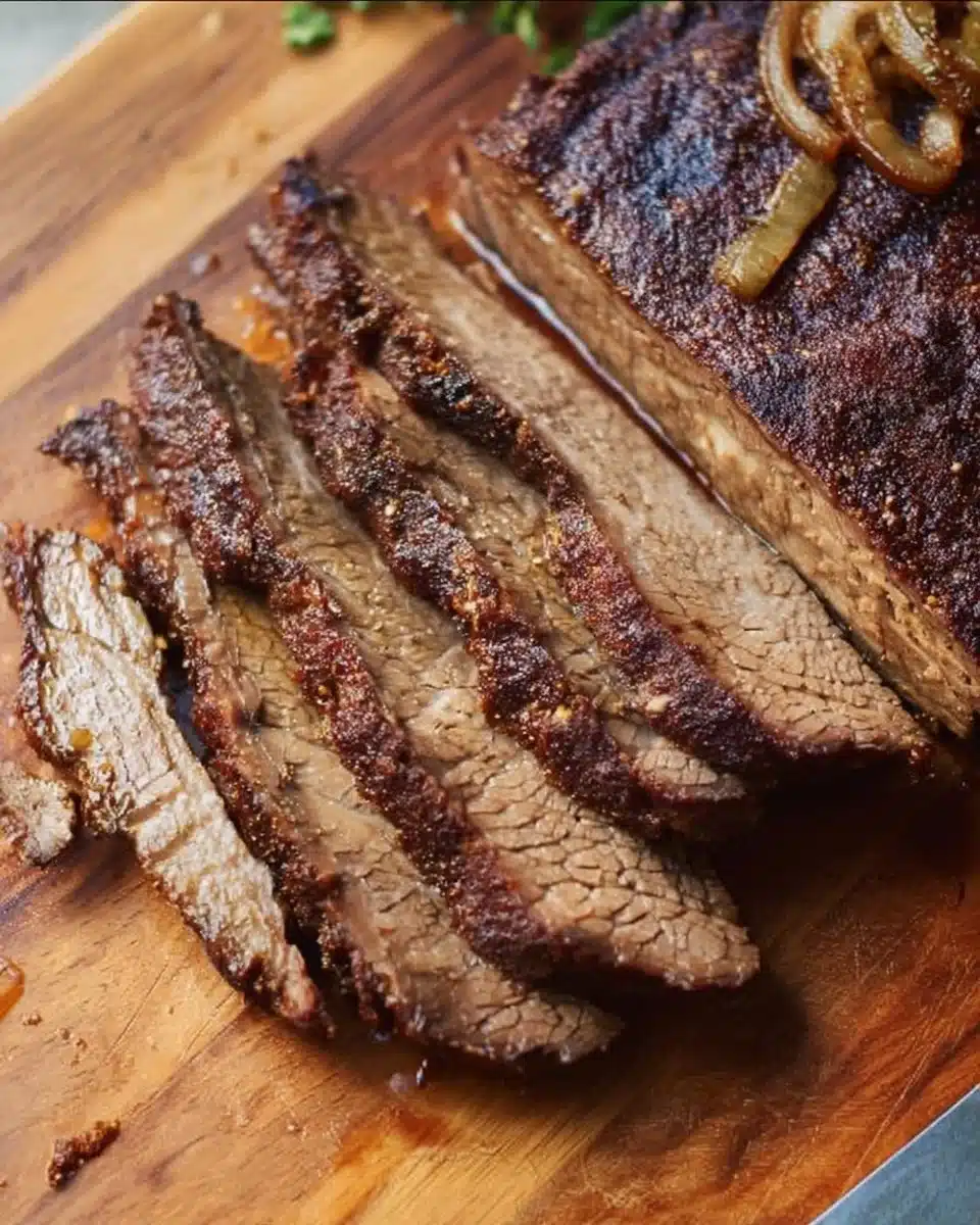 Foolproof oven-baked beef brisket ready to serve.