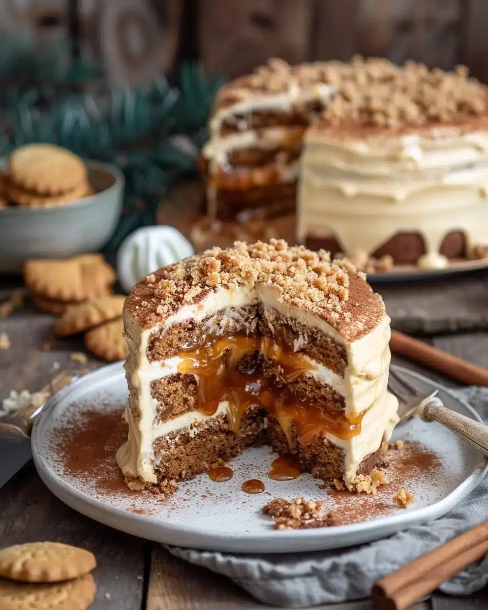 Gingerbread Dulce De Leche Cake topped with creamy dulce de leche