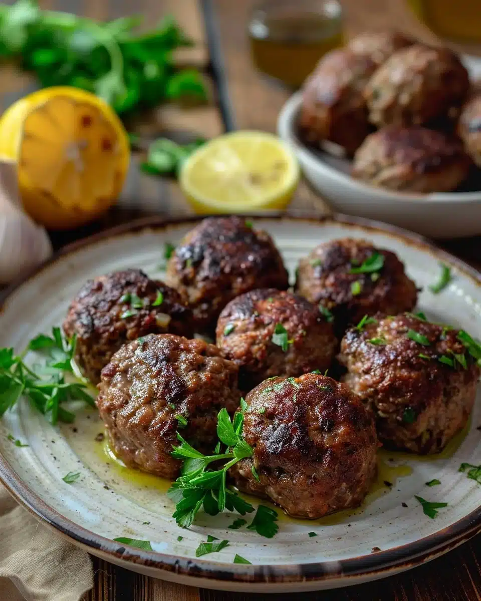 Greek-style meatballs served on a plate with fresh herbs and sauce