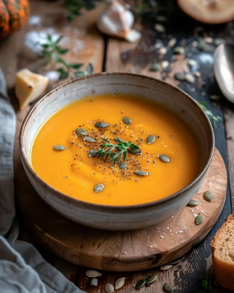 Bowl of Harissa Butternut Squash Soup garnished with herbs