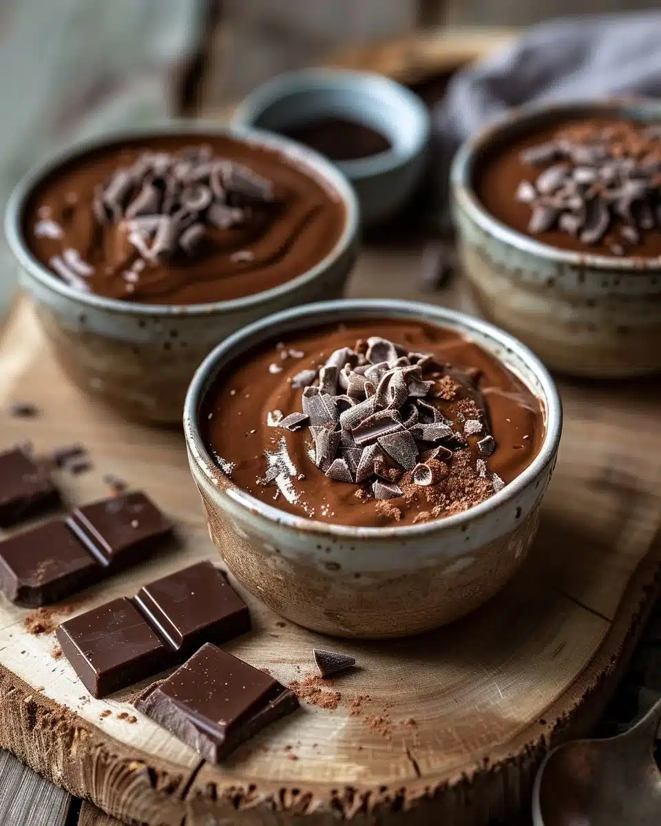 Bowl of homemade chocolate pudding topped with whipped cream and chocolate shavings