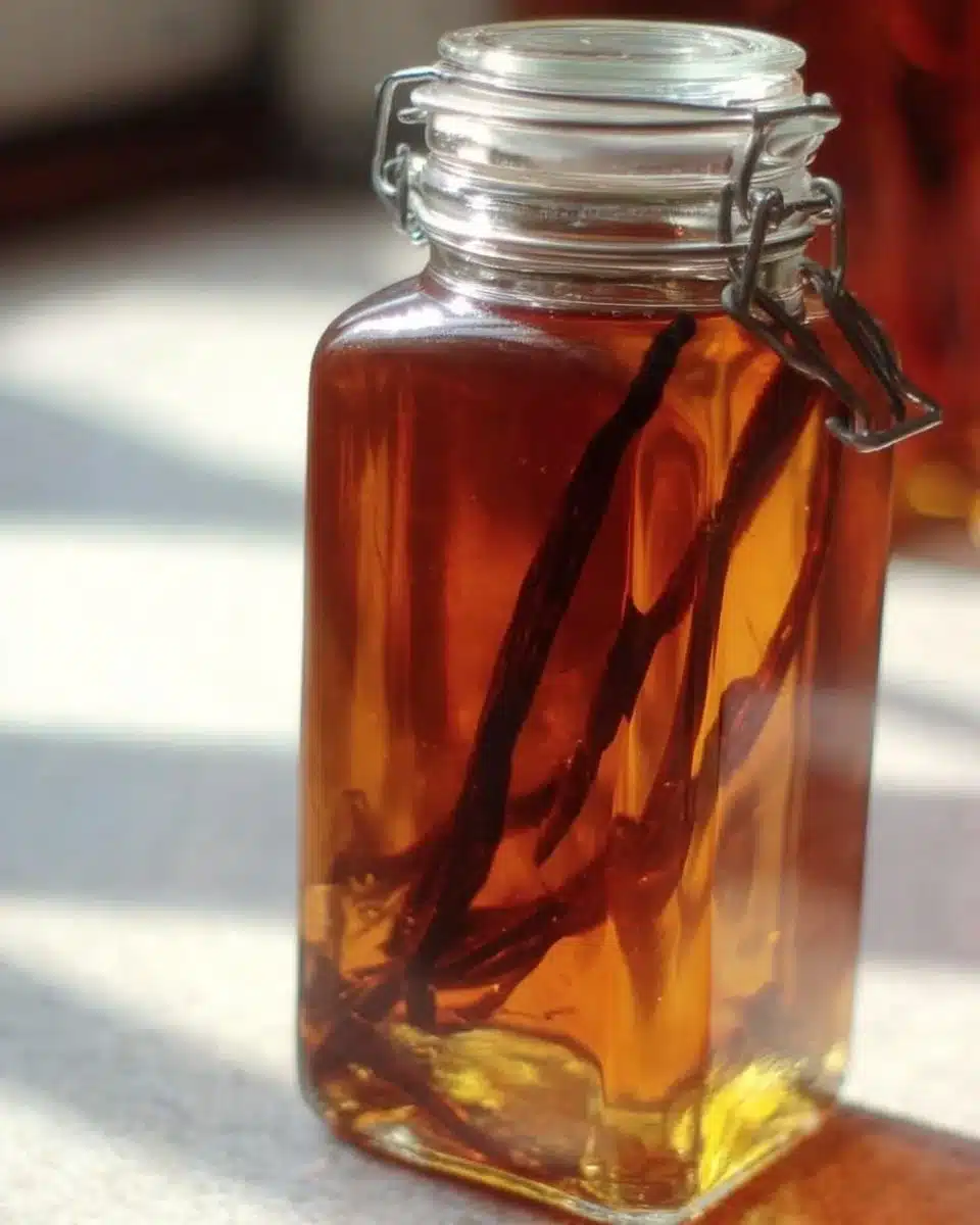 Homemade vanilla extract in a glass bottle with vanilla beans