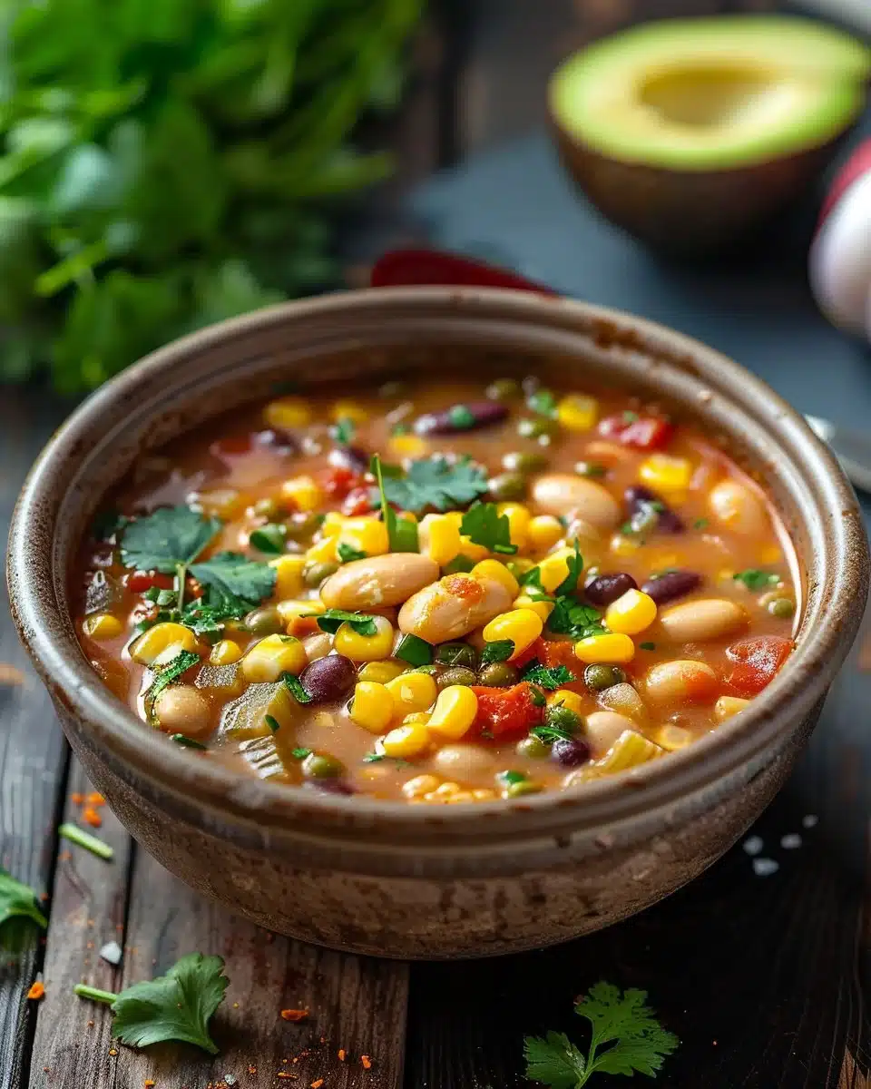 Instant Pot bean and corn soup served in a bowl with fresh herbs