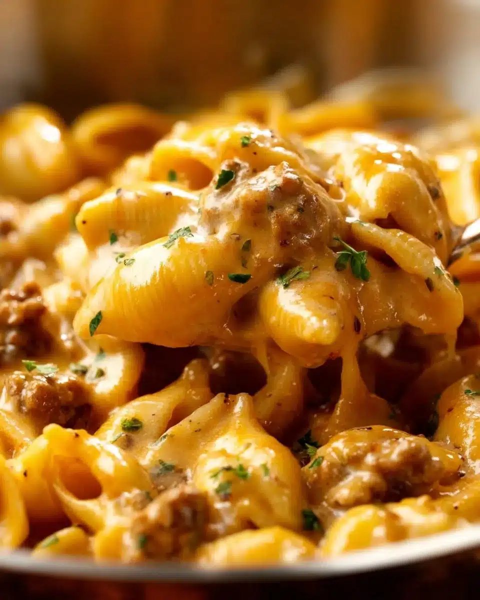 Italian sausage and shells pasta dish with rich tomato sauce and cheese.