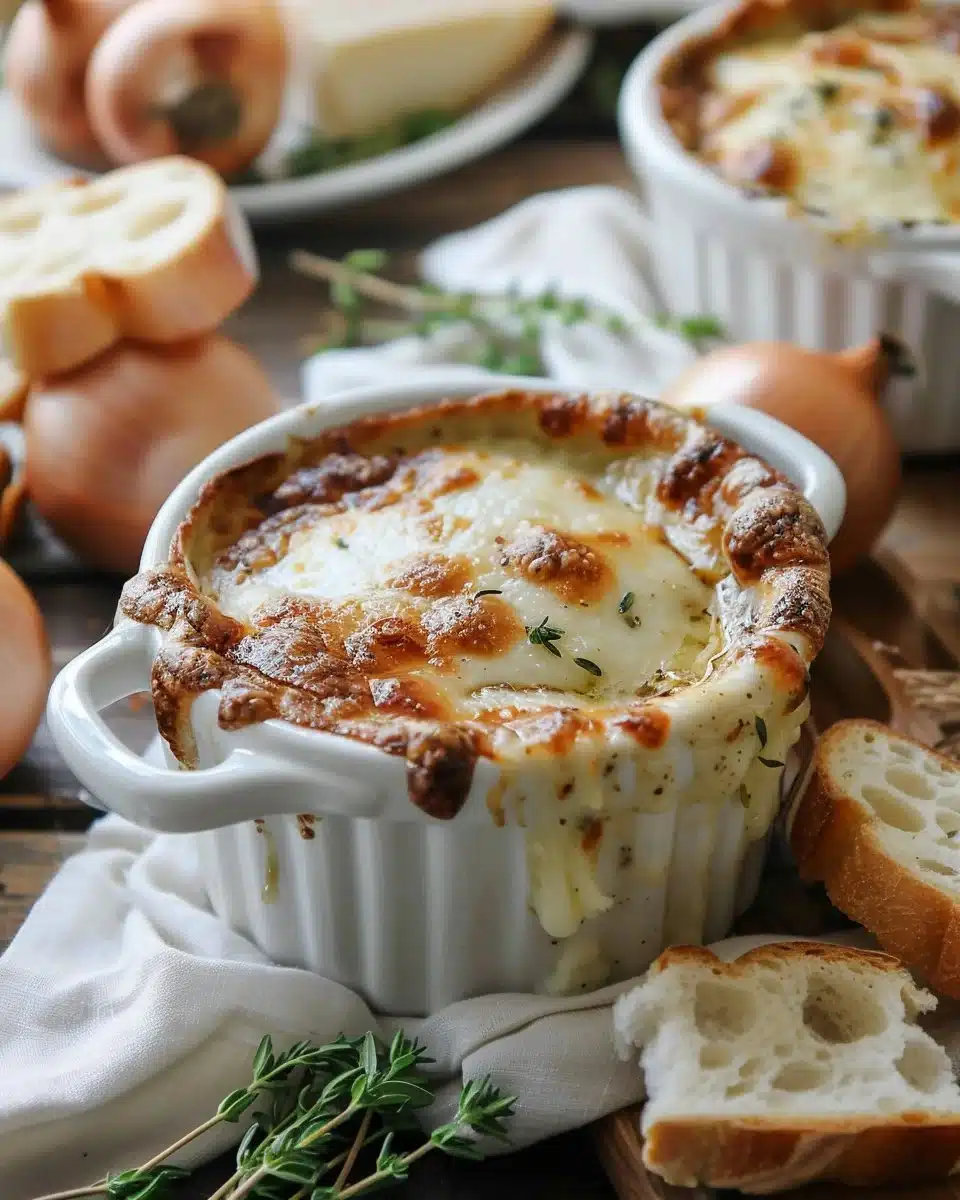 Bowl of Lazy French Onion Soup topped with melted cheese and croutons