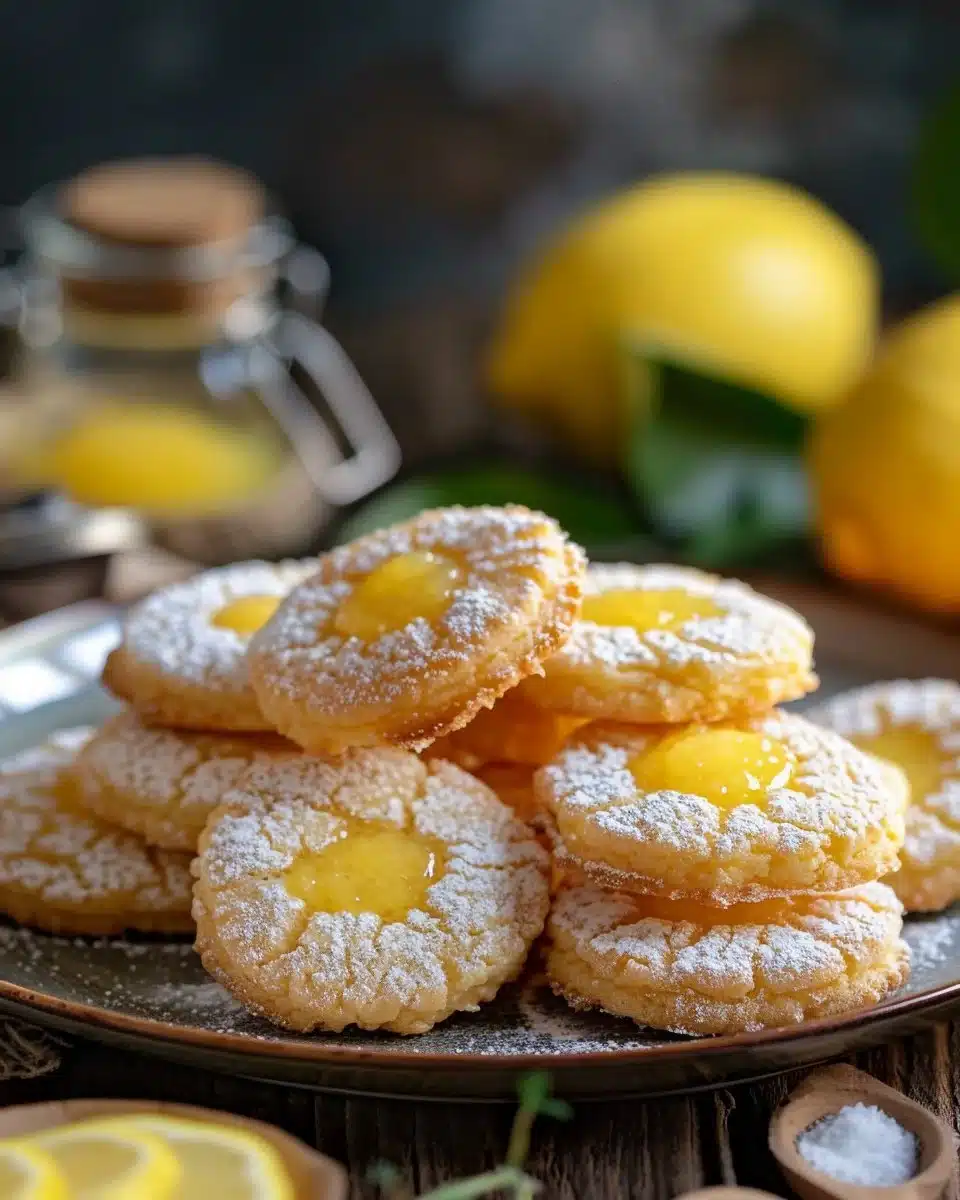 Lemon curd cookies fresh out of the oven, topped with zest and powdered sugar.