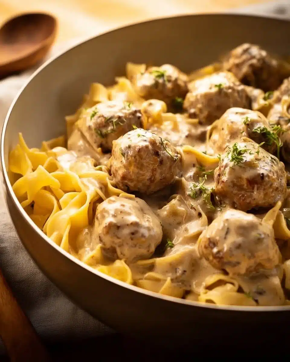 Delicious Meatball Stroganoff served with egg noodles in a creamy sauce