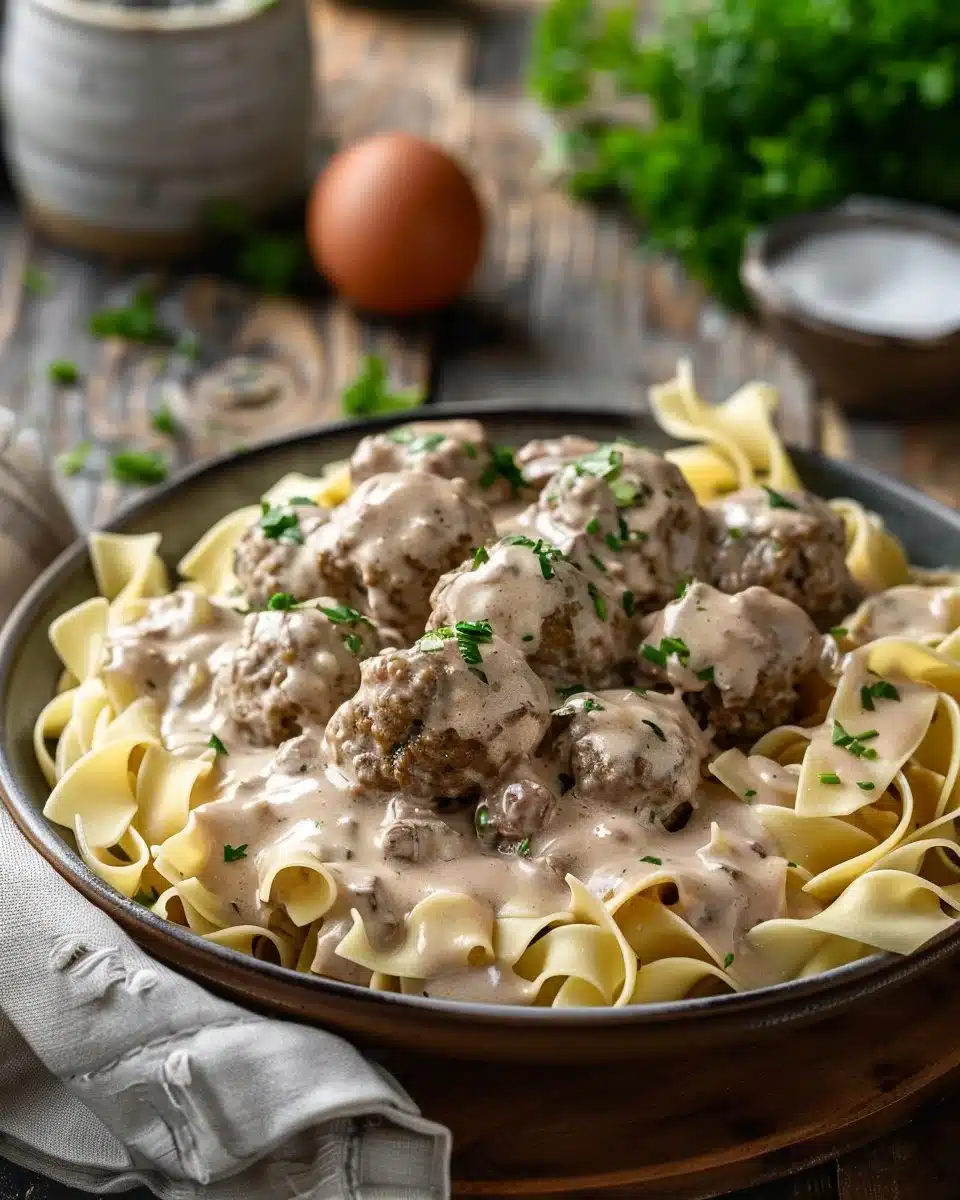 Delicious Meatball Stroganoff served on a plate with creamy sauce and noodles