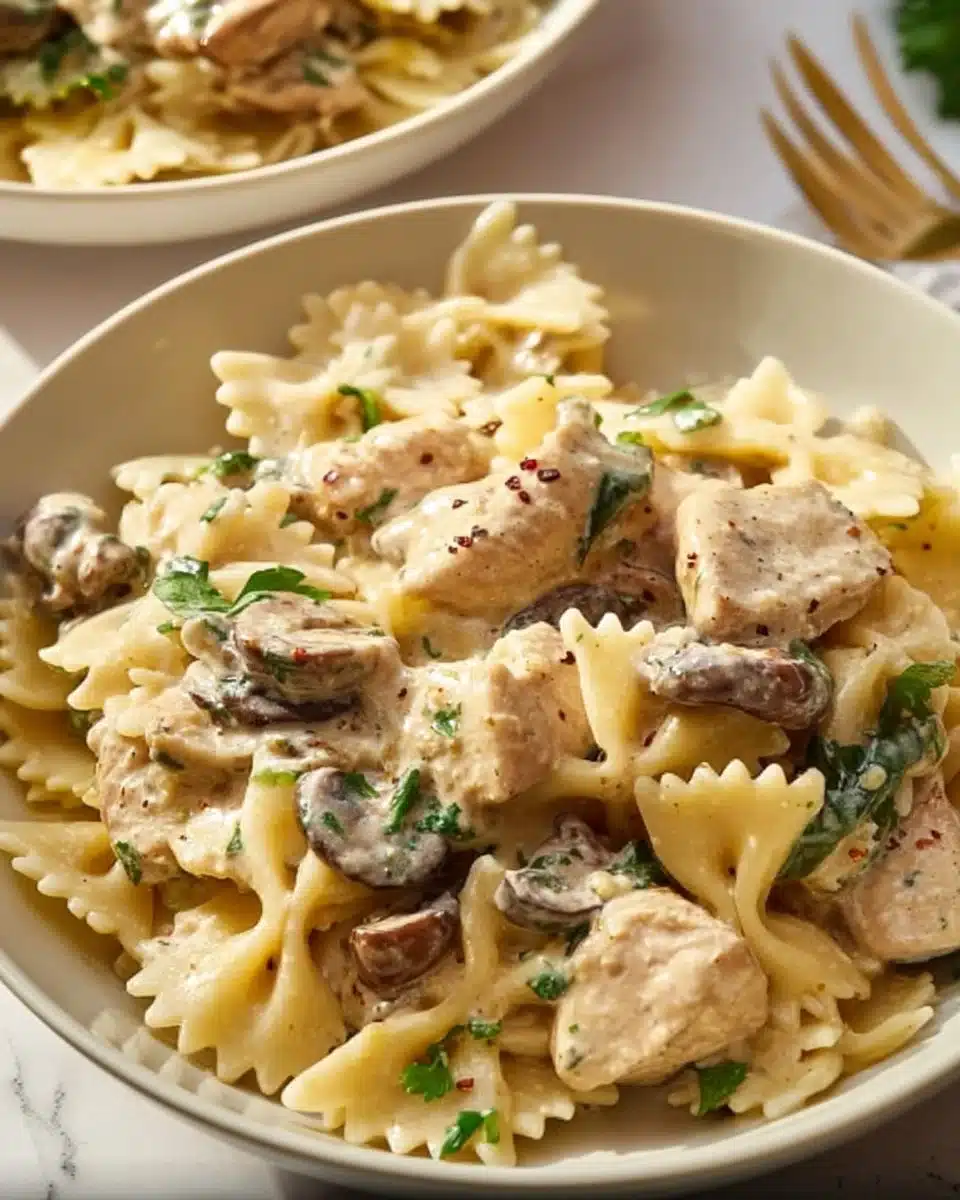Creamy Mushroom Chicken Pasta with fresh herbs and vegetables