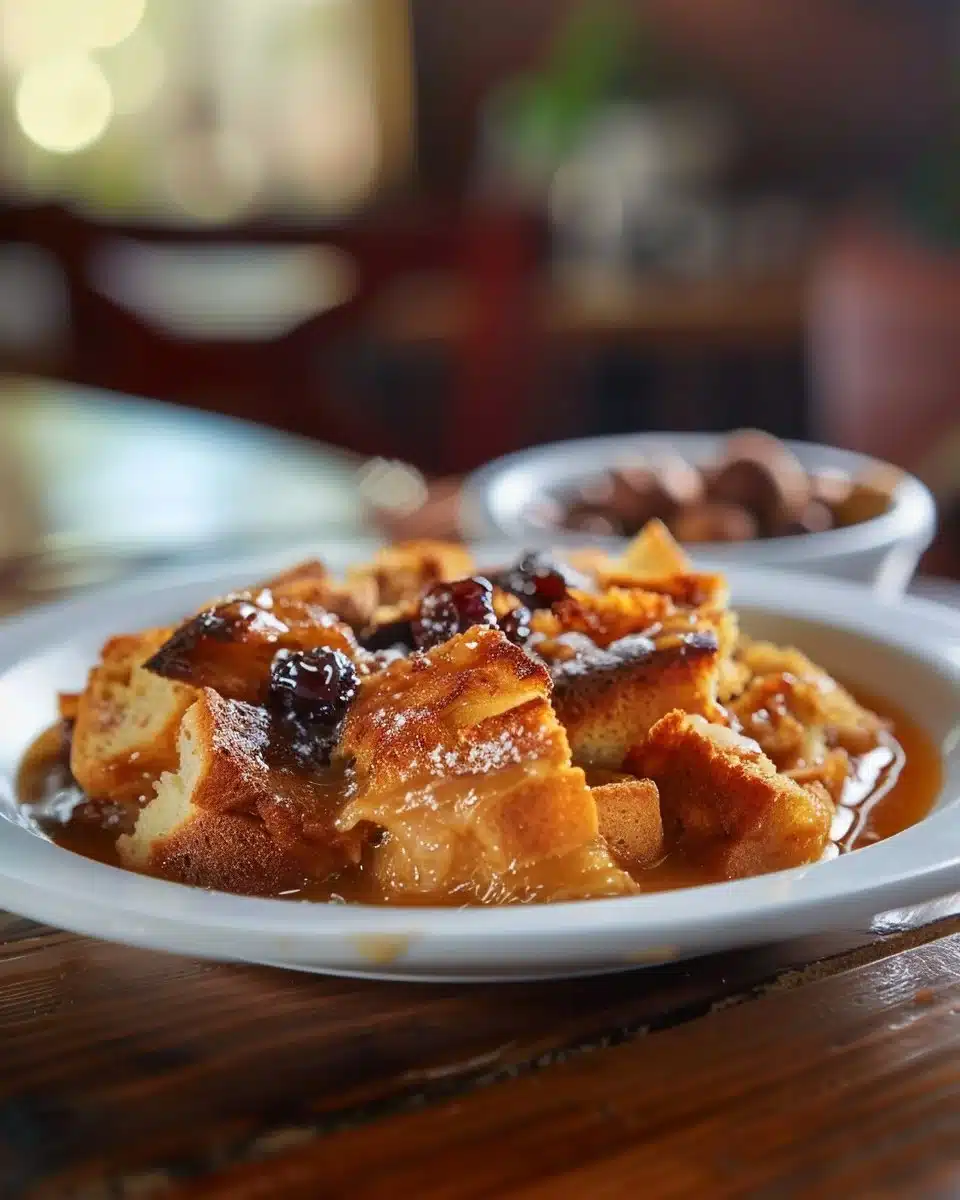 Delicious old-fashioned bread pudding served in a rustic dish