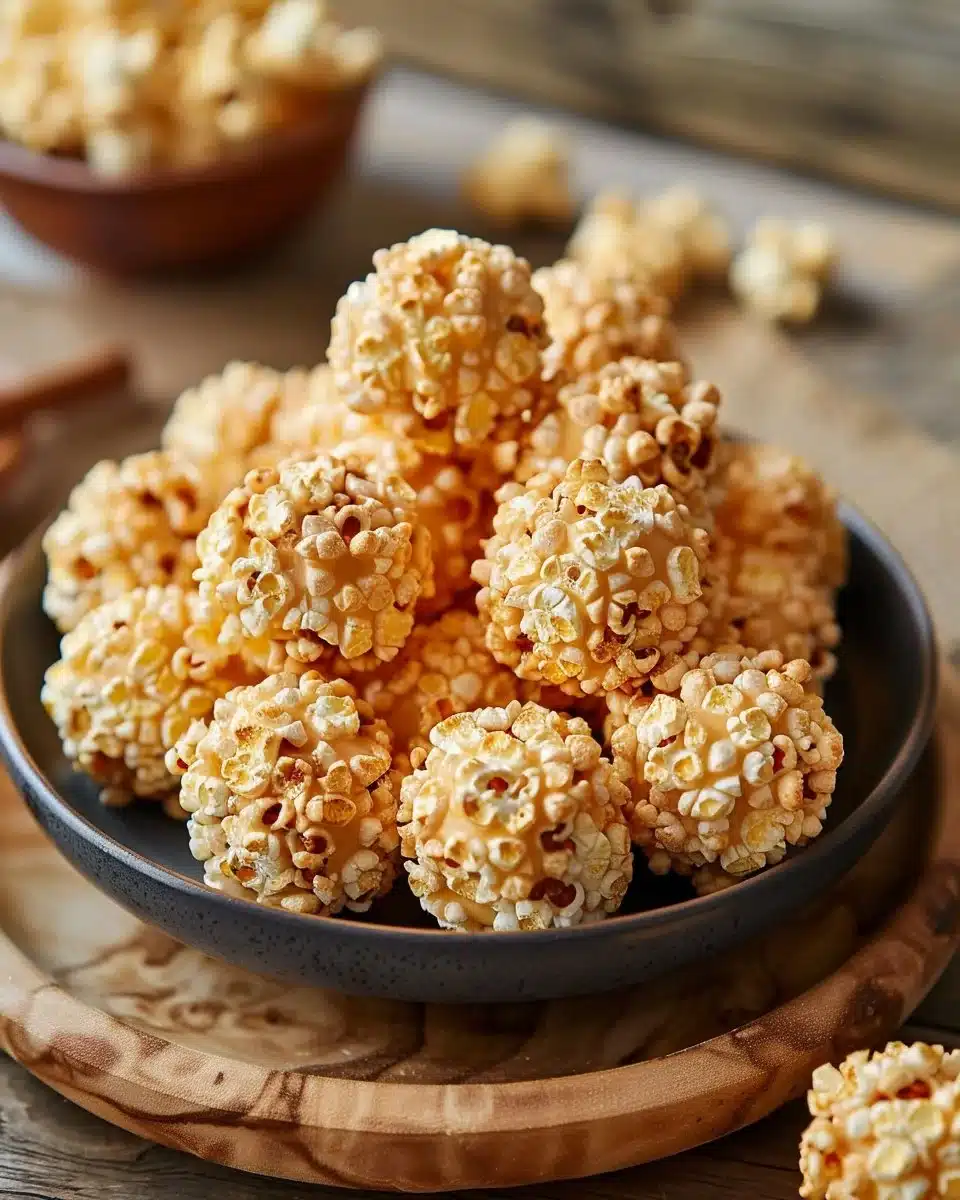 Old-fashioned crunchy popcorn balls in a bowl, a nostalgic sweet treat.