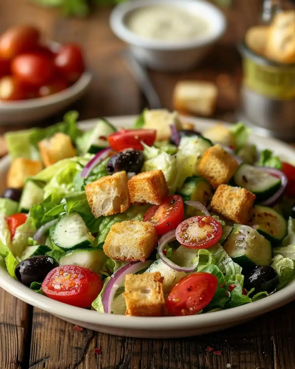 Fresh Olive Garden Salad with crispy lettuce, olives, and Italian dressing