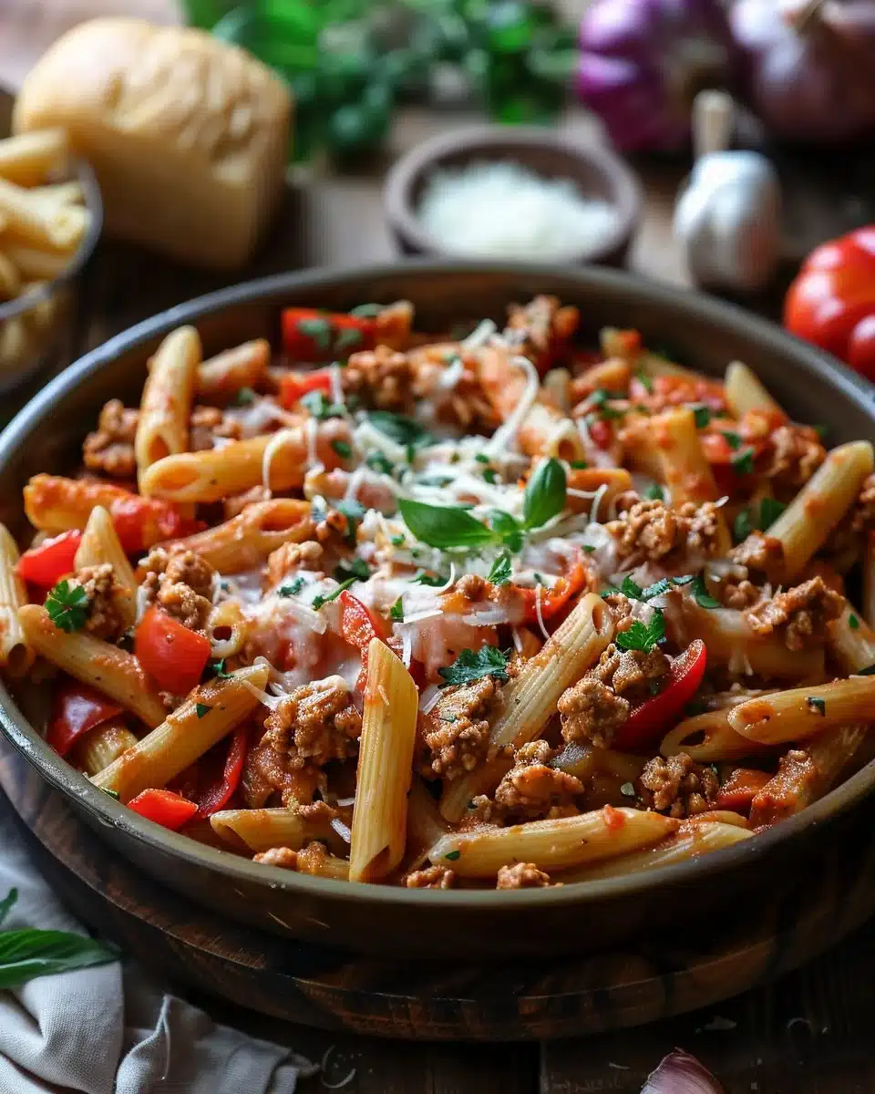 One Pot Chicken Stuffed Pepper Pasta Bake