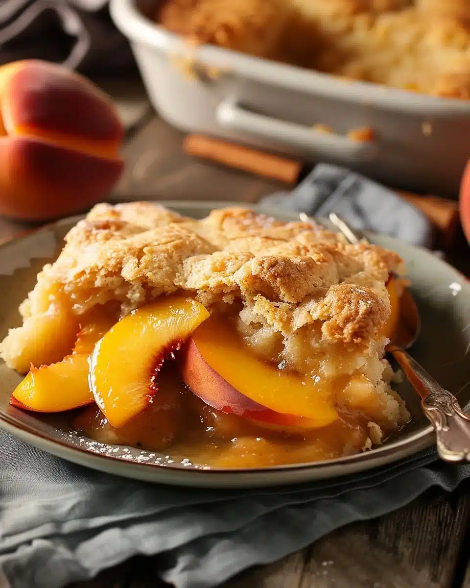 Delicious homemade peach cobbler with golden crust and fresh peaches.