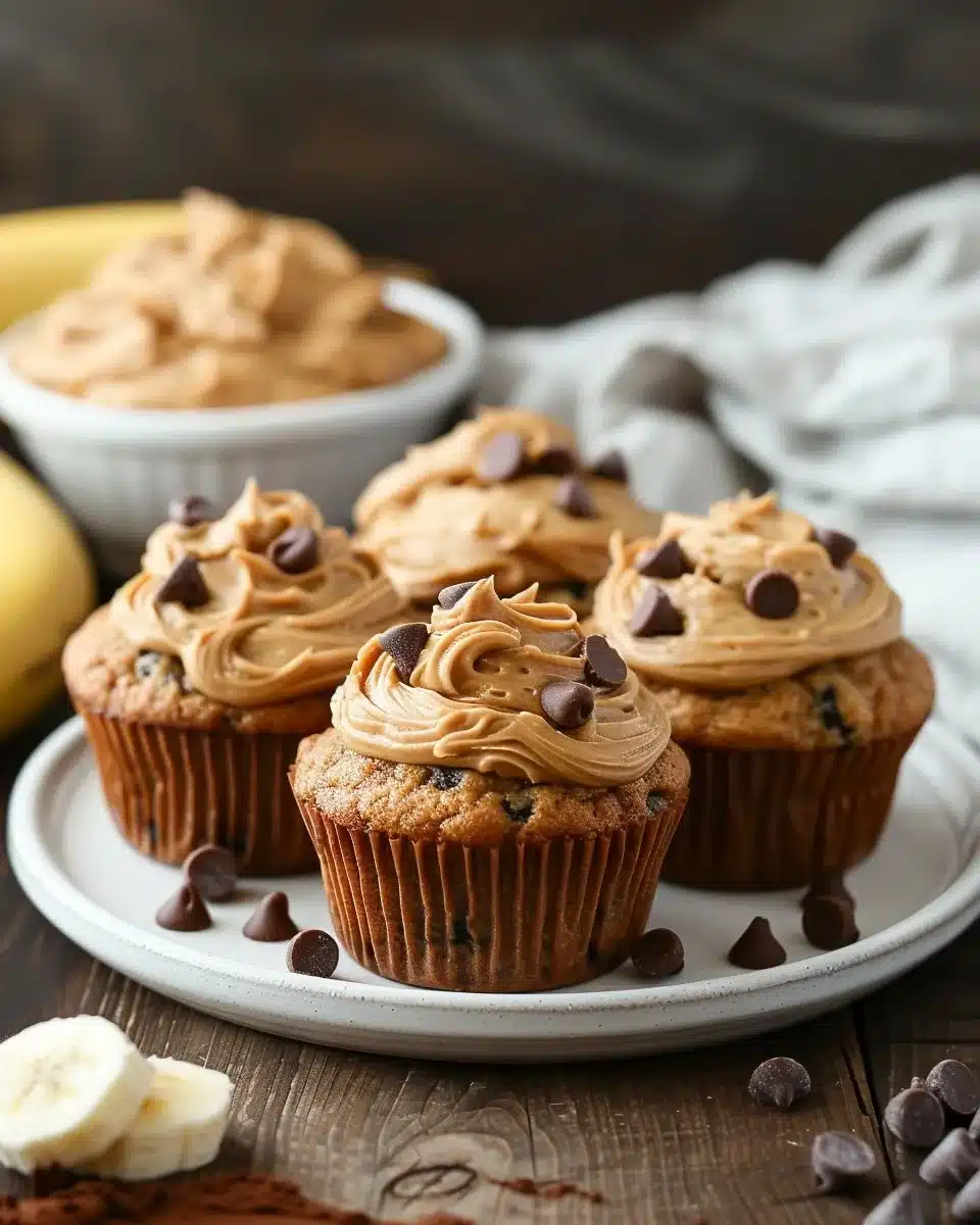 Peanut butter banana muffins baked and ready to enjoy, topped with sliced bananas.