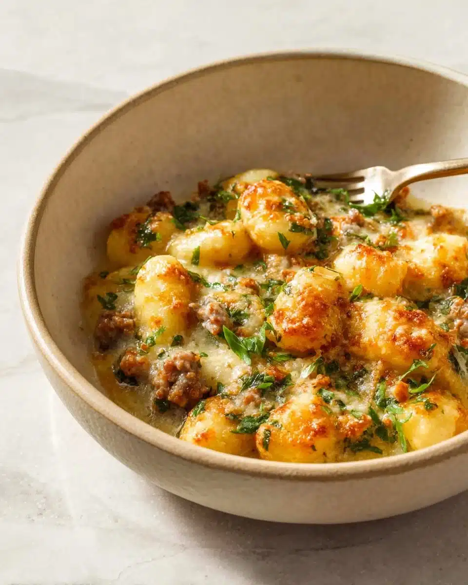 Delicious Pesto Sausage Gnocchi Bake served in a ceramic dish