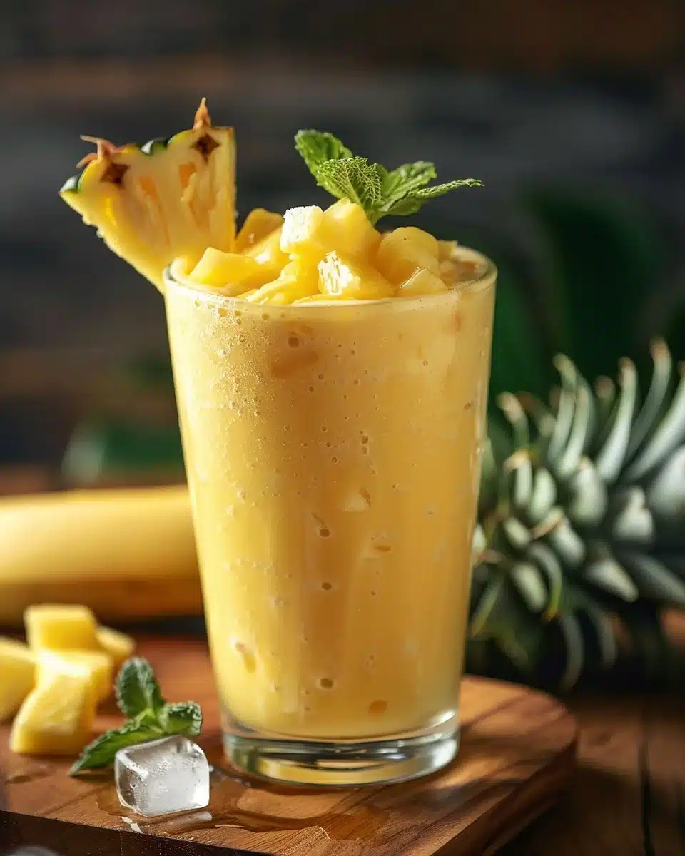 A vibrant pineapple banana smoothie in a glass with fresh fruit surrounding it.