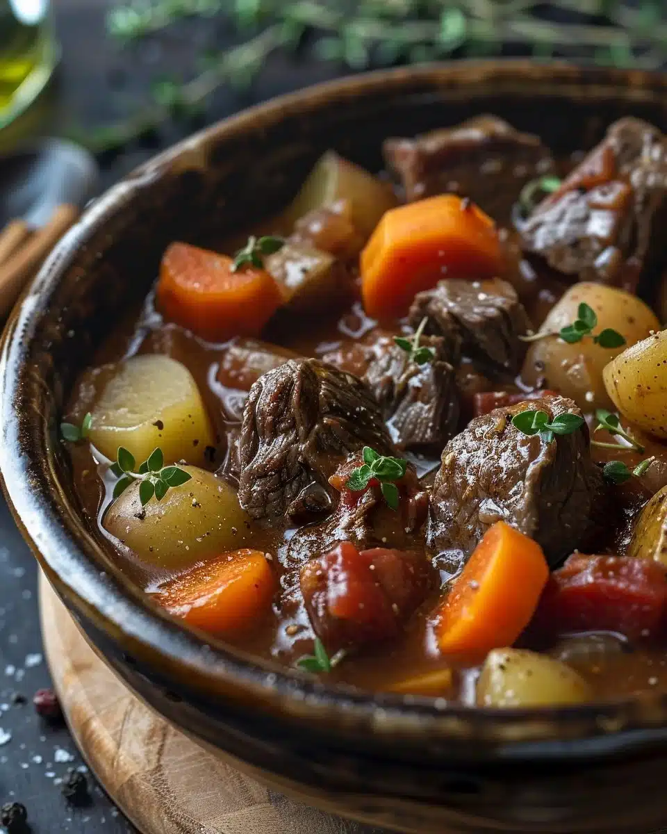 Bowl of savory beef stew with vegetables and herbs