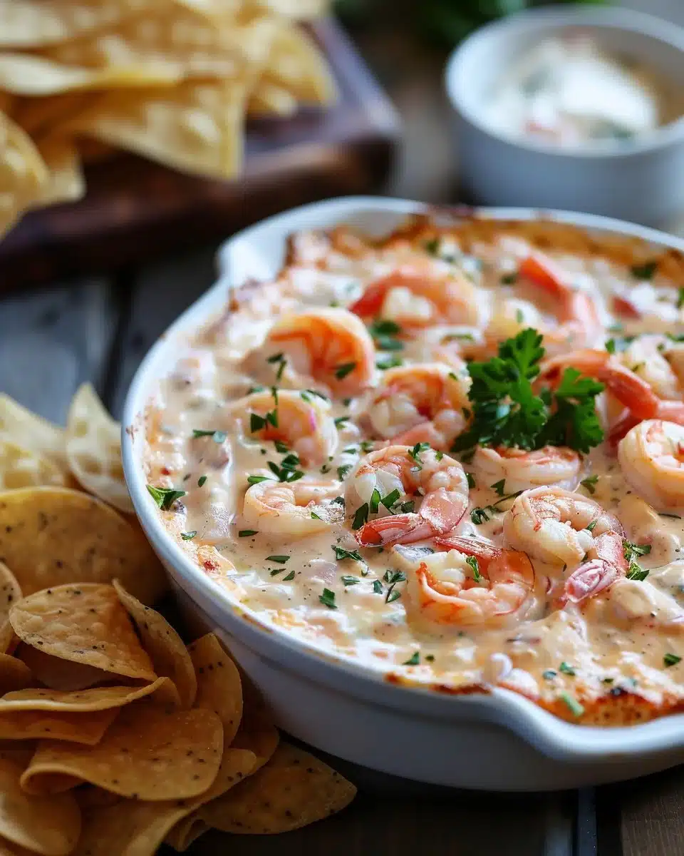 Shrimp cocktail dip served with fresh vegetables and crackers in a bowl