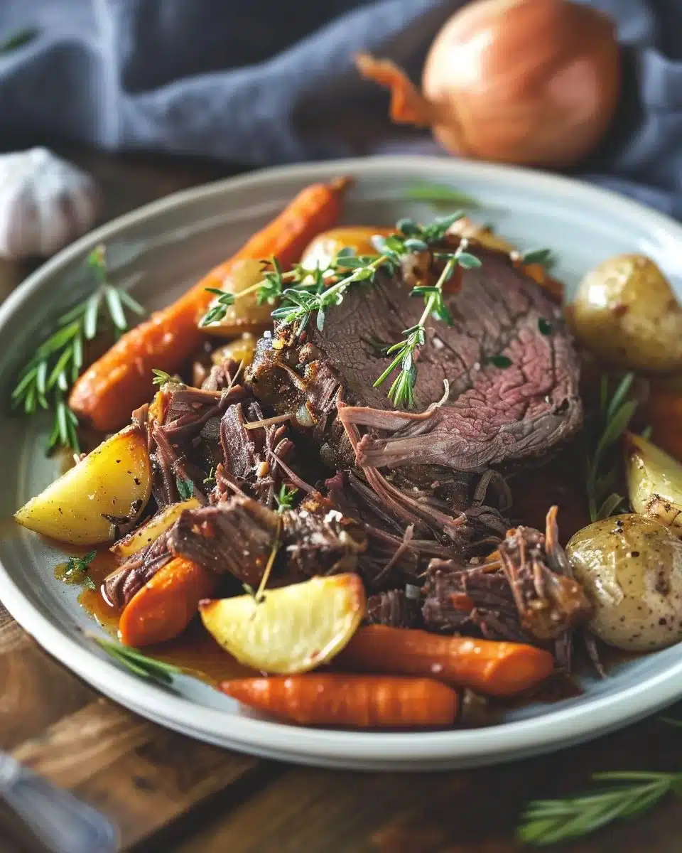 Delicious stovetop pot roast served with vegetables on a rustic table